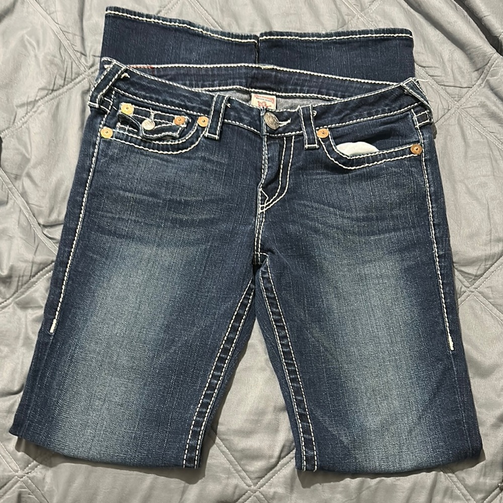 True Religion Blue Boot Cut Jeans with Iconic Design